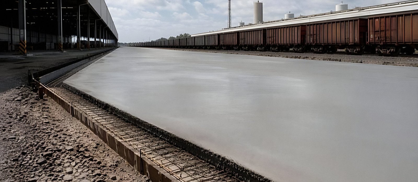 Pavimento de concreto armado ao lado de vagões no Armazém AVIA